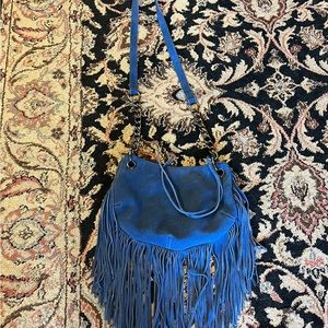 SORIAL blue genuine suede leather fringe crossbody